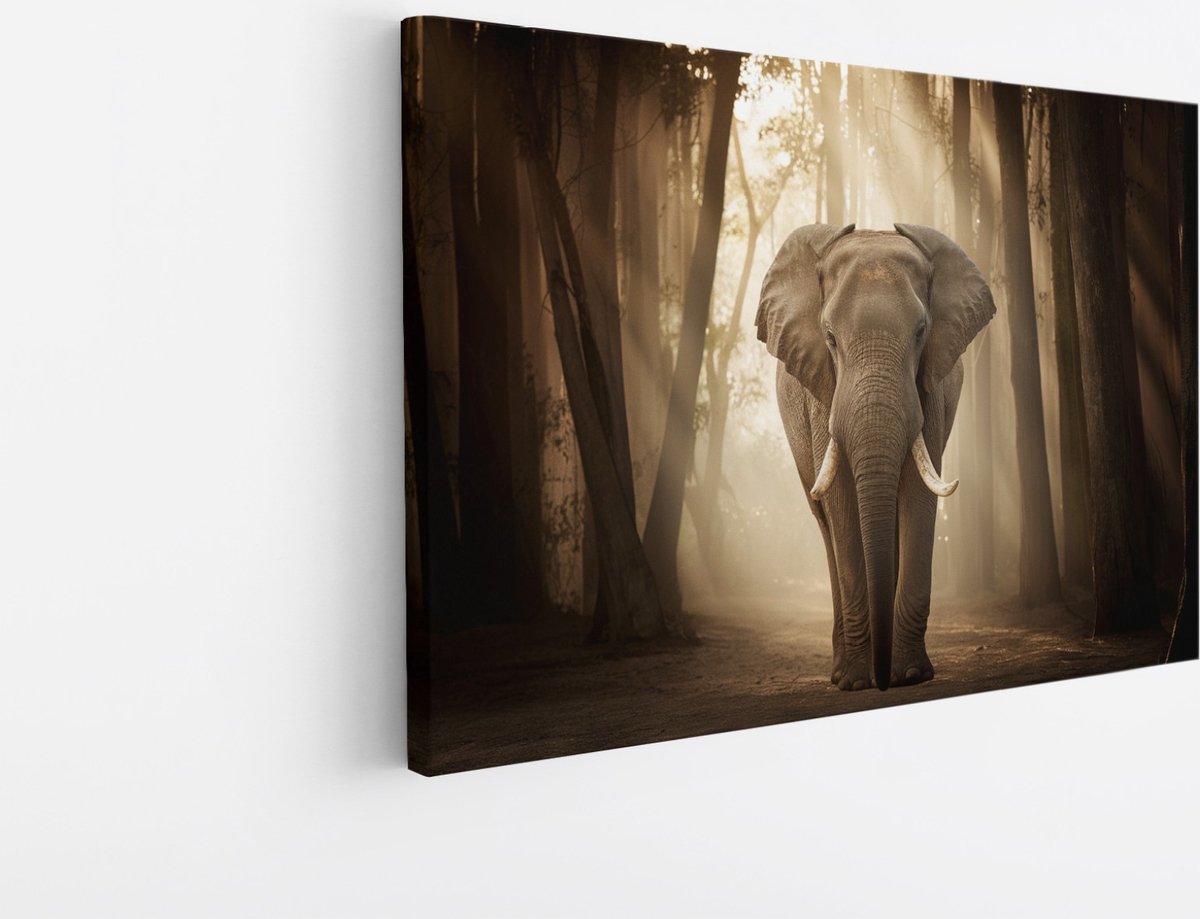 Saammp Canvas Schilderij - olifant in het Bos - Afrika - Dieren - 100x75 - Foto op canvas - Wanddecoratie - muurdecoratie Woonkamer - Slaapkamer decoratie - Canvas Print Multicolor