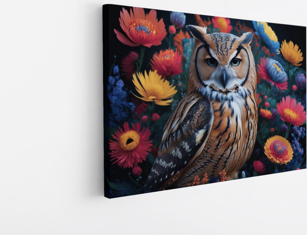 Saammp Canvas Schilderij - Uil tussen kleurrijke bloemen - Abstract - Dieren - 70x50 - Foto op canvas - Wanddecoratie - muurdecoratie Woonkamer - Slaapkamer decoratie - Canvas Print Multicolor