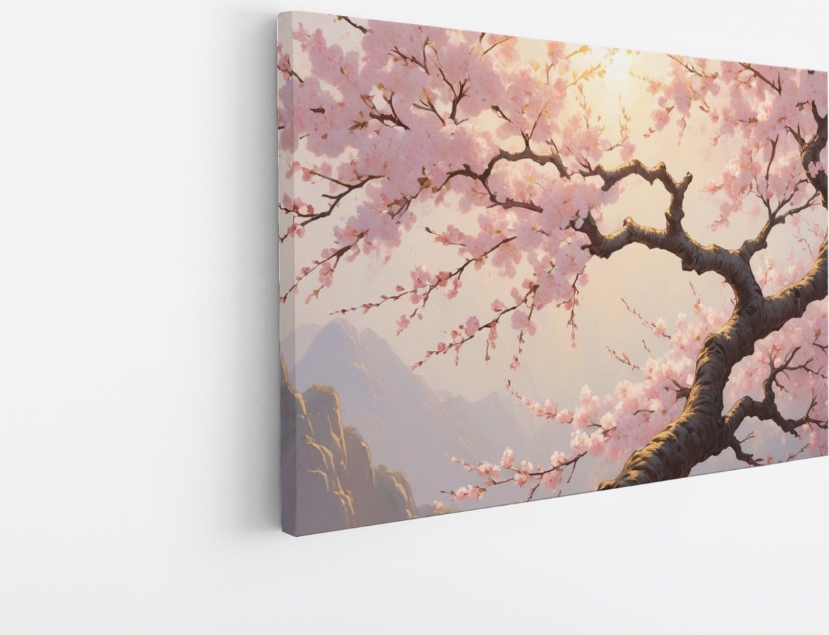 Saammp Canvas Schilderij - Roze bomen in zonsondergang - Abstract - 45x30 - Foto op canvas - Wanddecoratie - Muurdecoratie Woonkamer - Kantoor Decoratie Multicolor