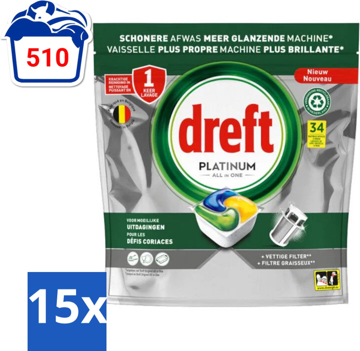 15 x Dreft Platinum - All In One - Vaatwascapsules - Citroen - 34 Afwasbeurten - Vaatwasmiddel - Vaatwascapsule - Citroengeur - Vaatwasser Reinigen - Vetfilter Reinigen