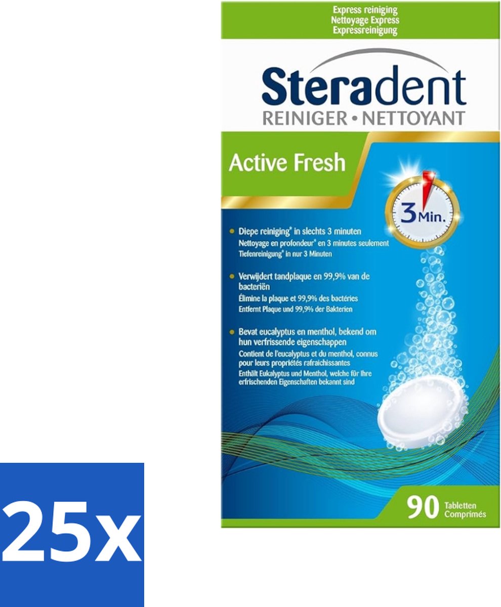 Steradent - Kunstgebitreiniger - Active Fresh - Menthol En Eucalyptus - 90 Tabletten - Bulkverpakking - 25 stuks