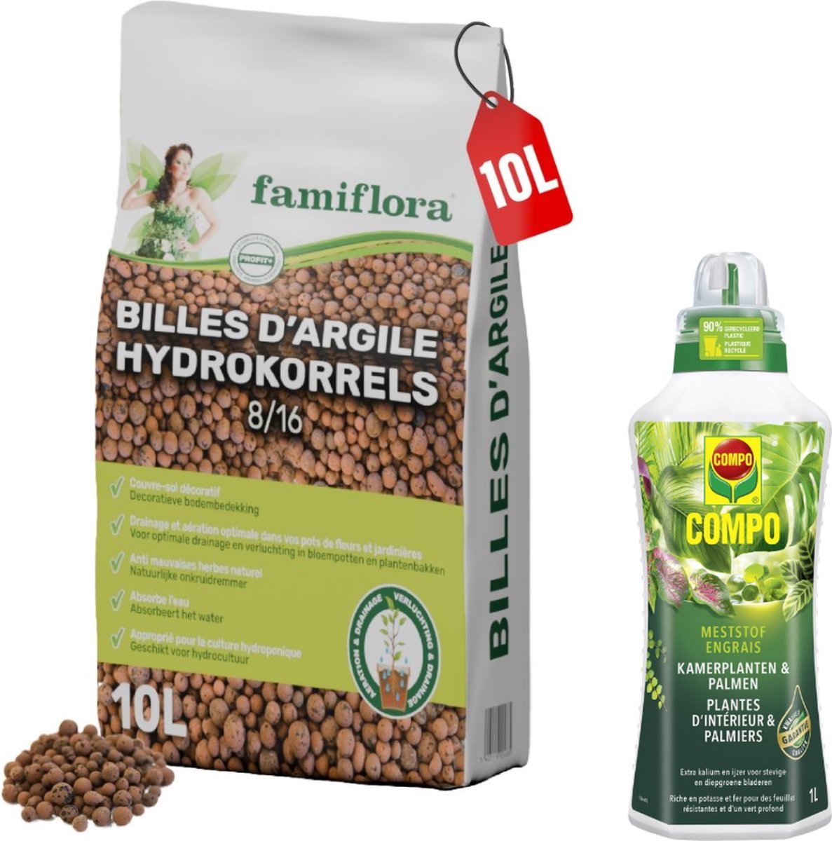 Compo vloeibare meststof voor kamerplanten en palmen met Famiflora hydrokorrels 10 liter - Voor balkonplanten - Kamerplanten - Terrasplanten - Sterke bodem