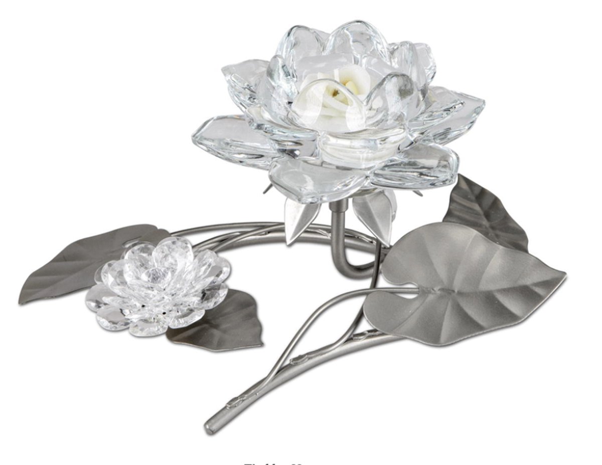 Waxinelicht houder bloem - glas en metaal - zilver en blank 22 cm handgemaakt