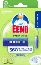 Verpakking van WC Eend Fresh Discs met een eend, citroenen en toiletborstel.