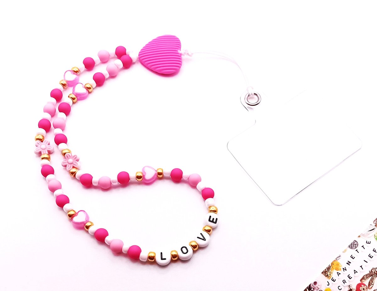Jeannette-Creatief®- Fun - Telefoonkoord Lovely Hearts - Telefoonkoord Rood Roze Goud - Hartjes - Roze Hartjes - LOVE - Liefde - Cadeautje voor haar - Valentijn