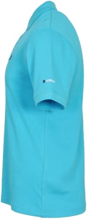 Zijaanzicht van een turquoise polo met korte mouwen.