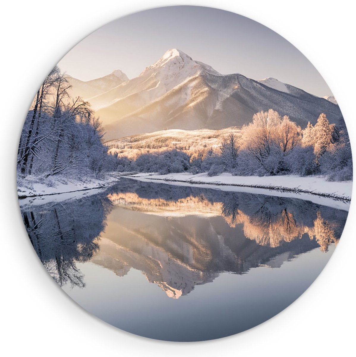 Saammp Muurcirkel Hout - Winter Landschap met zonneschijn - Landschap - Natuur - Ø 90 - Wandcirkel - Wanddecoratie Cirkel - Muurdecoratie Woonkamer - Slaapkamer decoratie - Rond Schilderij