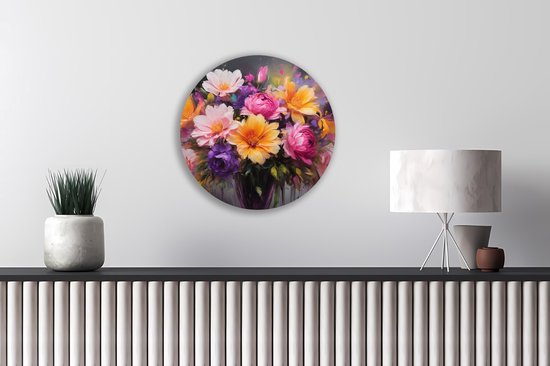 Saammp Muurcirkel Hout - Abstracte bloemen in vaas - kleurrijk - Natuur - Ø 80 - Wandcirkel - Wanddecoratie Cirkel - Muurdecoratie Woonkamer - Kantoor Decoratie