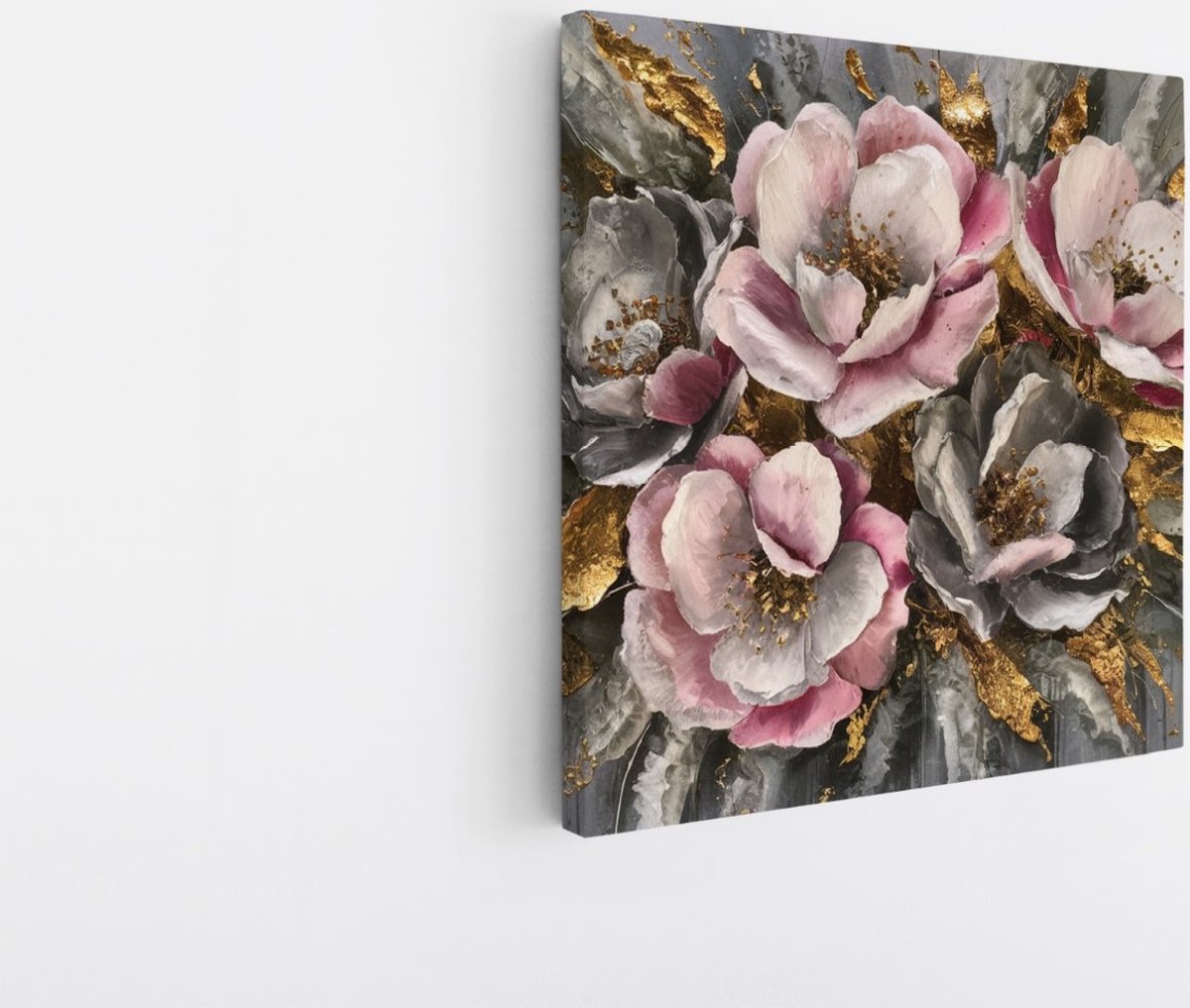 Saammp Canvas Schilderij - Abstracte Bloemen met Goud - Roze en Grijs - 40x40 - Foto op canvas - Wanddecoratie - Muurdecoratie Woonkamer - Kantoor Decoratie Multicolor