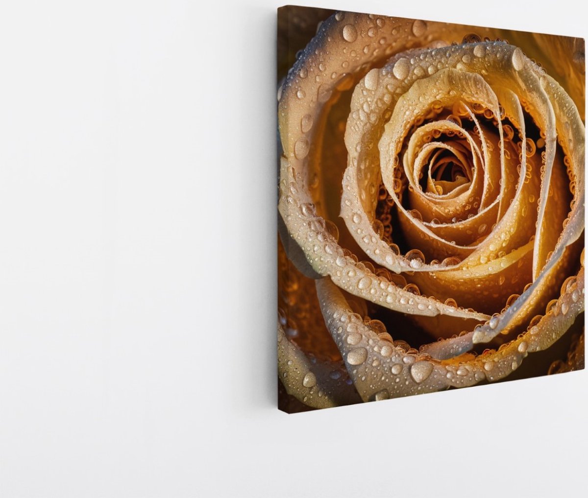 Saammp Canvas Schilderij - Gouden Roos Met Waterdruppels - Natuur - Abstract - 100x100 - Foto op canvas - Wanddecoratie - Muurdecoratie Woonkamer - Kantoor Decoratie Multicolor