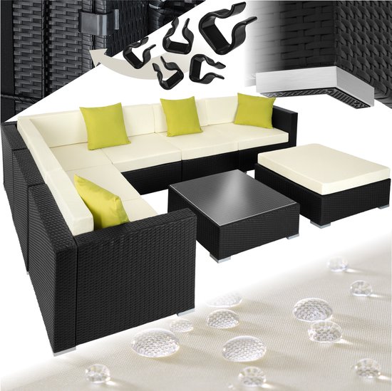 tectake® Wicker loungeset - Modulaire elementen - Voor 6 personen - Loungebank met zit- en rugkussens en sierkussens - Inclusief tafel met glazen plaat - Weerbestendig - Afmeting tafel (LxBxH) 69 x 69 x 25,5 cm - Zwart