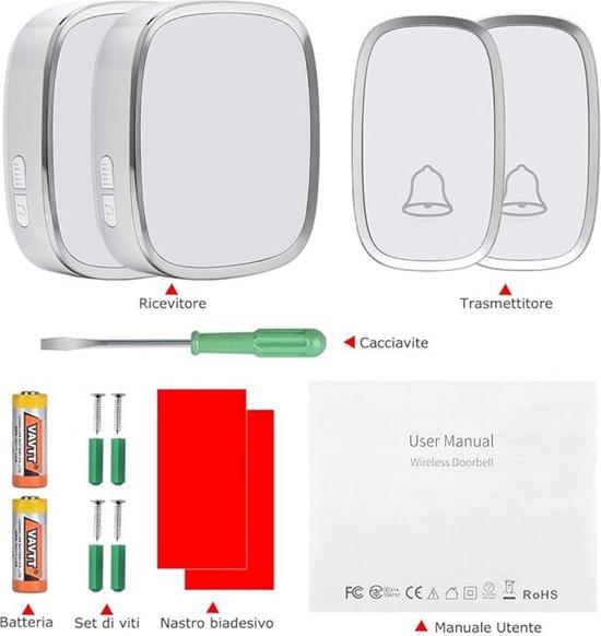 Equivera Draadloze Deurbel - Draadloze Deurbel - Draadloze Deurbel voor Buiten - Huis Deurbel - Belknop - 2 Zenders + 2 Ontvangers - Waterdicht - Draadloze Deurbel Set — afbeelding 2