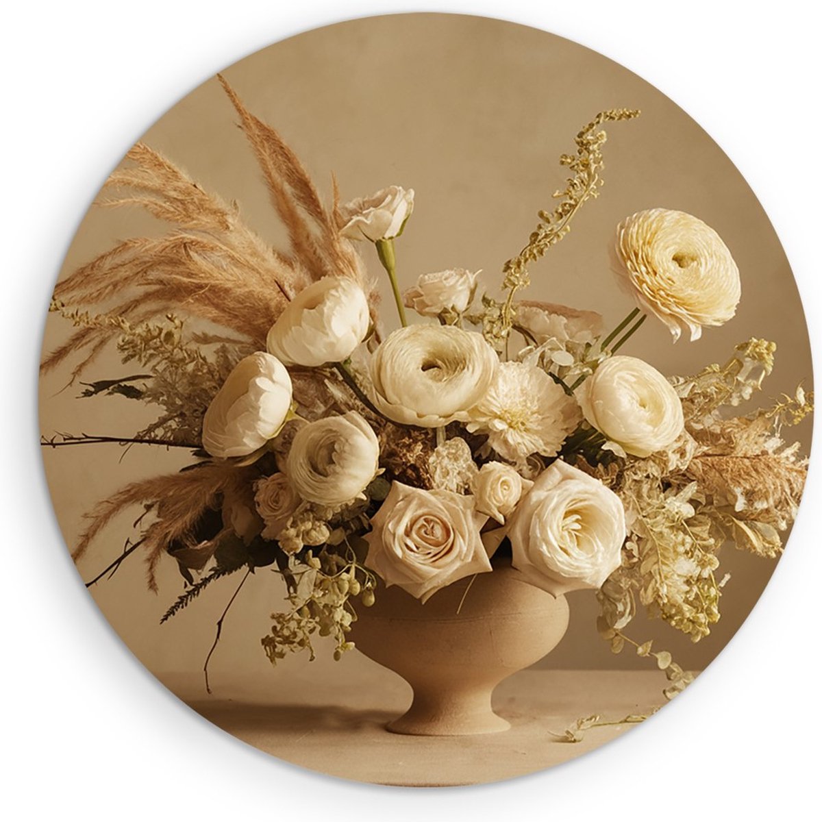 Saammp Muurcirkel Hout - Beige Bloemen in mooie vaas - Abstract - Ø 40 - Wandcirkel - Wanddecoratie Cirkel - Muurdecoratie Woonkamer - Kantoor Decoratie