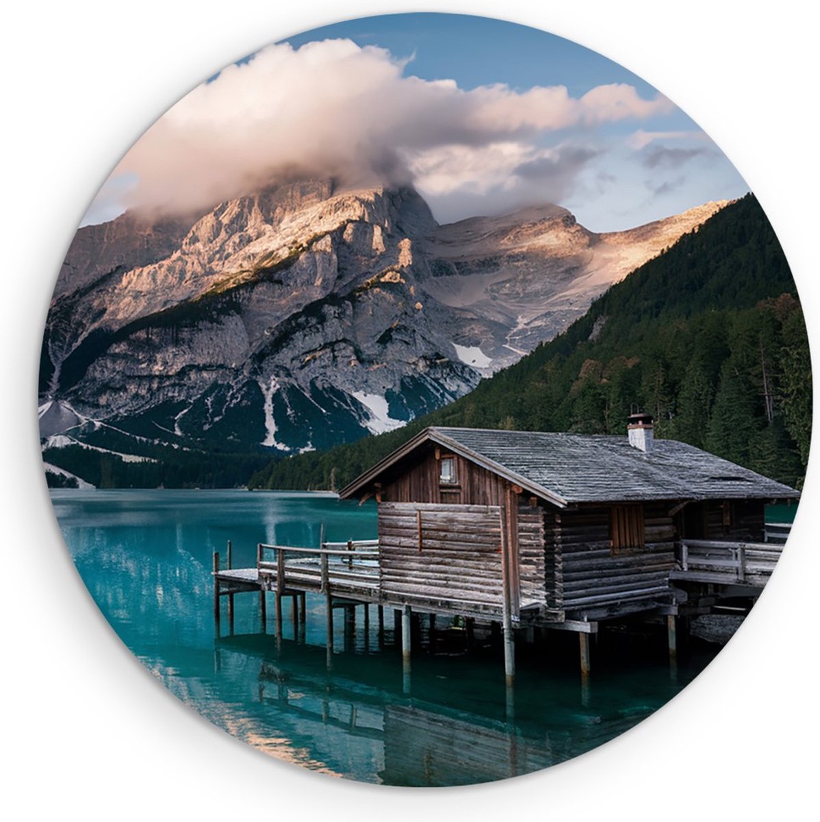 Saammp Muurcirkel Hout - Landschap - Huis tussen de bergen - Natuur - Ø 50 - Wandcirkel - Wanddecoratie Cirkel - Muurdecoratie Woonkamer - Slaapkamer decoratie - Rond Schilderij