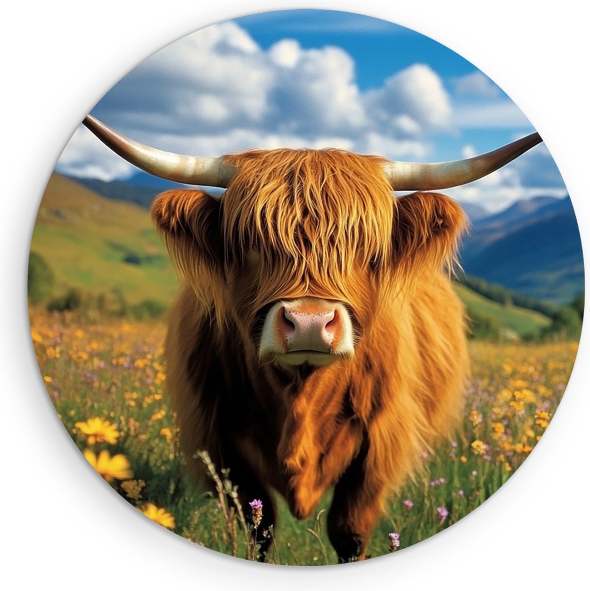 Saammp Forex Muurcirkel - Schotse Hooglander Koe Tussen de Bloemen - Landschap - Dieren - Natuur - Ø 80 - Wandcirkel - Wanddecoratie Cirkel - muurdecoratie Woonkamer - Slaapkamer decoratie - Rond Schilderij