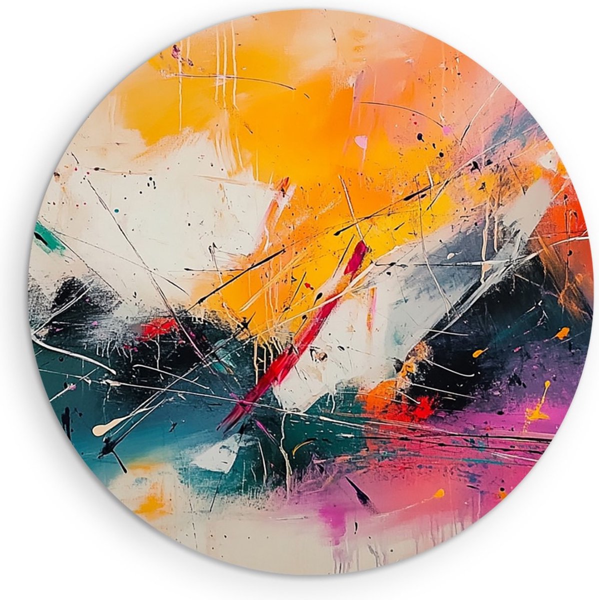 Saammp Forex Muurcirkel - Kleurrijk - Explosie van verf - Abstracte kunst - Chaotisch - Ø 60 - Wandcirkel - Wanddecoratie Cirkel - Muurdecoratie Woonkamer - Kantoor Decoratie