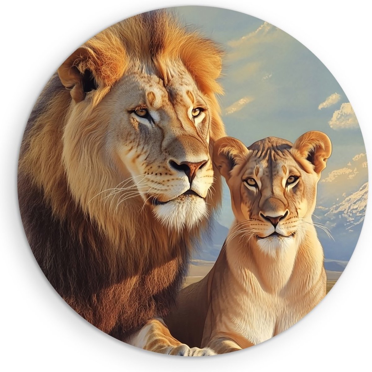 Saammp Forex Muurcirkel - Leeuw en Leeuwin met de Kilimanjaro achter zich - Dieren - Natuur - Ø 70 - Wandcirkel - Wanddecoratie Cirkel - Muurdecoratie Woonkamer - Slaapkamer decoratie - Rond Schilderij