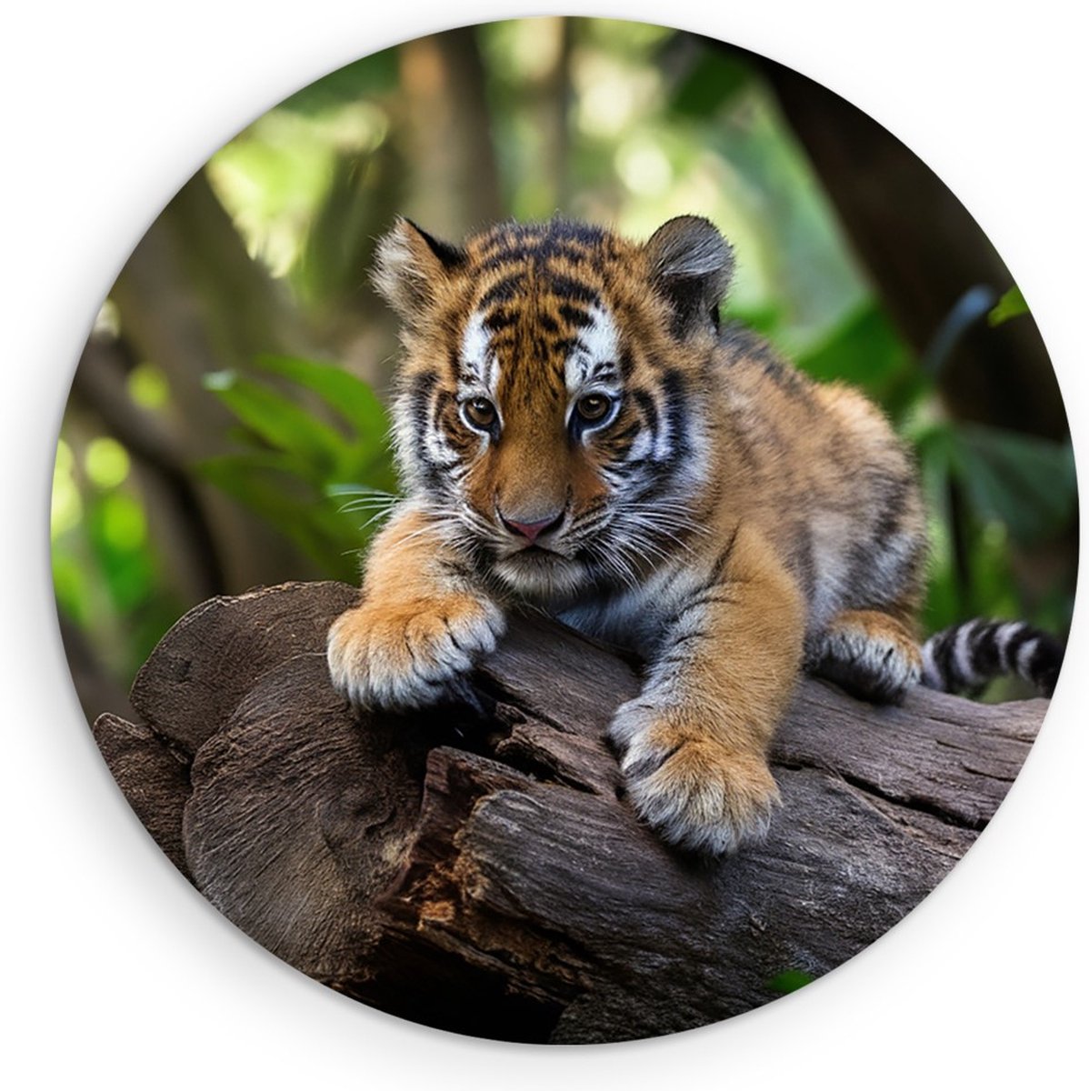 Saammp Muurcirkel Hout - Tijger welp op stronk - Natuur - Dieren - Ø 30 - Wandcirkel - Wanddecoratie Cirkel - muurdecoratie Woonkamer - Slaapkamer decoratie - Rond Schilderij