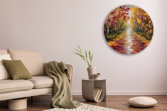 Saammp Muurcirkel Hout - Abstract Herfstachtig Bospad - Landschap - Natuur - Ø 30 - Wandcirkel - Wanddecoratie Cirkel - Muurdecoratie Woonkamer - Slaapkamer decoratie - Rond Schilderij