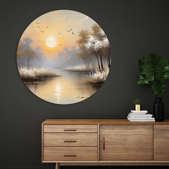 Saammp Forex Muurcirkel - witte landschap met zon - Natuur - Ø 70 - Wandcirkel - Wanddecoratie Cirkel - Muurdecoratie Woonkamer - Slaapkamer decoratie - Rond Schilderij