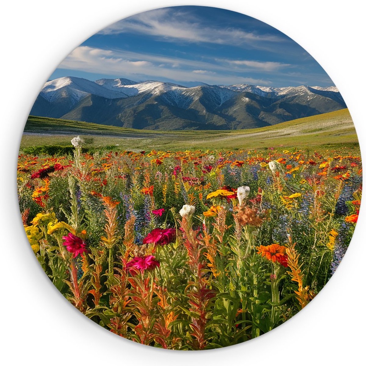Saammp Forex Muurcirkel - Bloemenveld met bergtoppen - Natuur - Landschap - Ø 60 - Wandcirkel - Wanddecoratie Cirkel - Muurdecoratie Woonkamer - Slaapkamer decoratie - Rond Schilderij