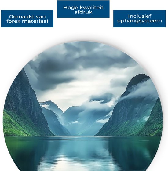 Saammp Forex Muurcirkel - Fjorden met mist - Landschap - Natuur - Ø 30 - Wandcirkel - Wanddecoratie Cirkel - Muurdecoratie Woonkamer - Slaapkamer decoratie - Rond Schilderij