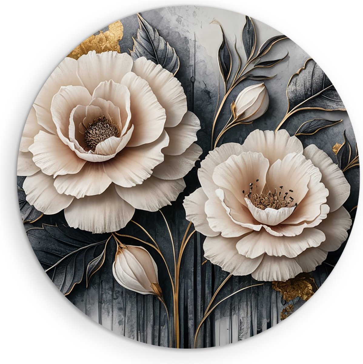 Saammp Muurcirkel Hout - 2 witte bloemen - Abstract - Ø 70 - Wandcirkel - Wanddecoratie Cirkel - Muurdecoratie Woonkamer - Kantoor Decoratie