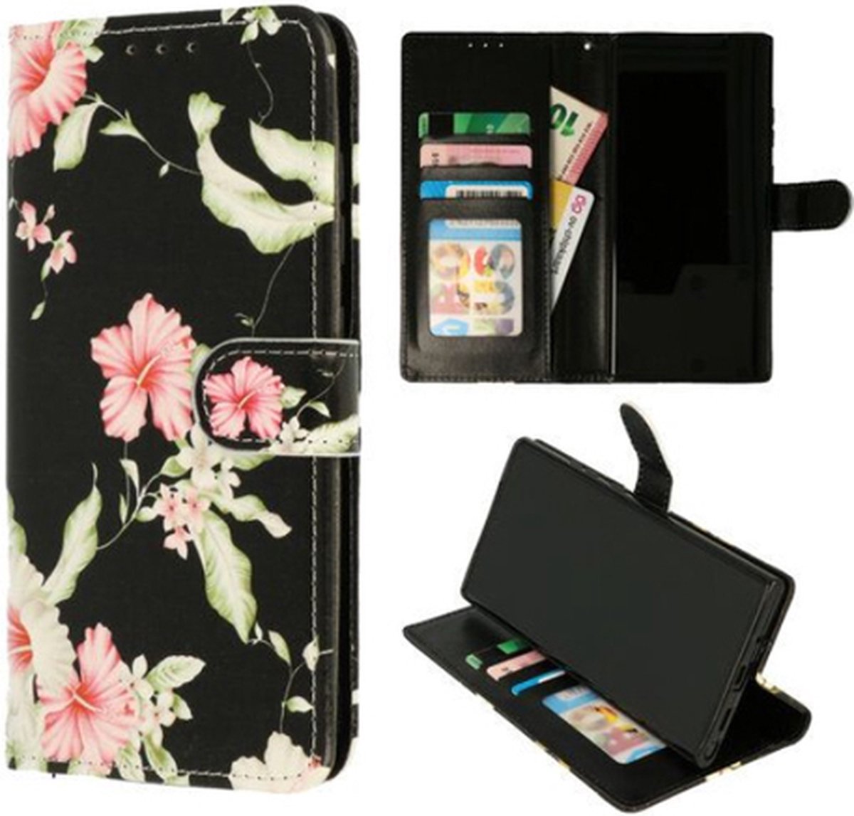 Telefoonhoesje Geschikt voor Samsung S23 Plus - Bookcase - Bloemen Zwart Printje - Ruimte voor 3 pasjes