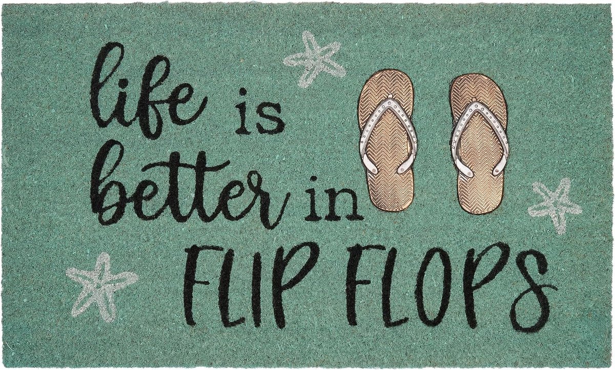 BRUBAKER Life is Better Deurmat voor buiten en binnen, 45 x 75 cm, vuilvangmat van 100% kokos, antislip, weerbestendig en antislip, voor huisdeur, turquoise