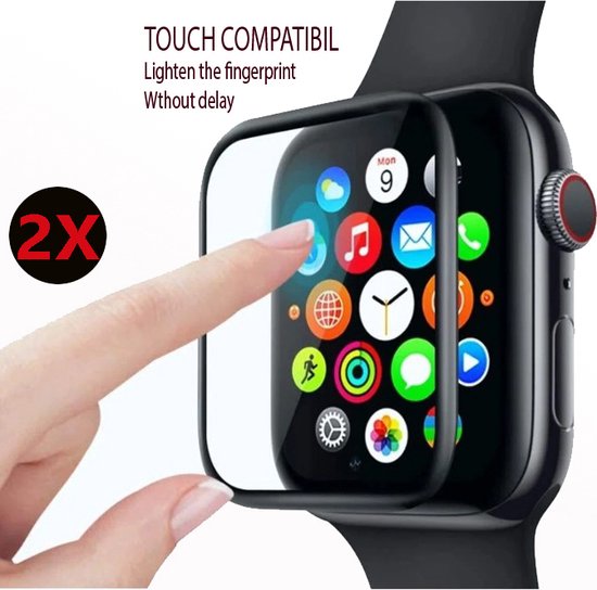 Hand past screenprotector toe op een Apple Watch met kleurrijke app-icoontjes. "Touch Compatibel 2X"