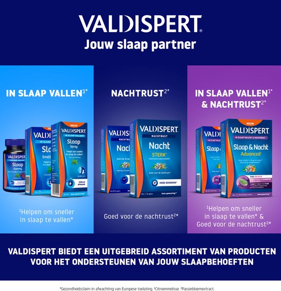 Assortiment Valdispert producten: Slaap Gummies, Slaap Spray, Nachtrust, Slaap & Nacht Advanced. Blauwe, paarse en oranje verpakkingen.