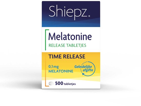 Doos Shiepz Melatonine Time Release 500 tabletten met geleidelijke afgifte.