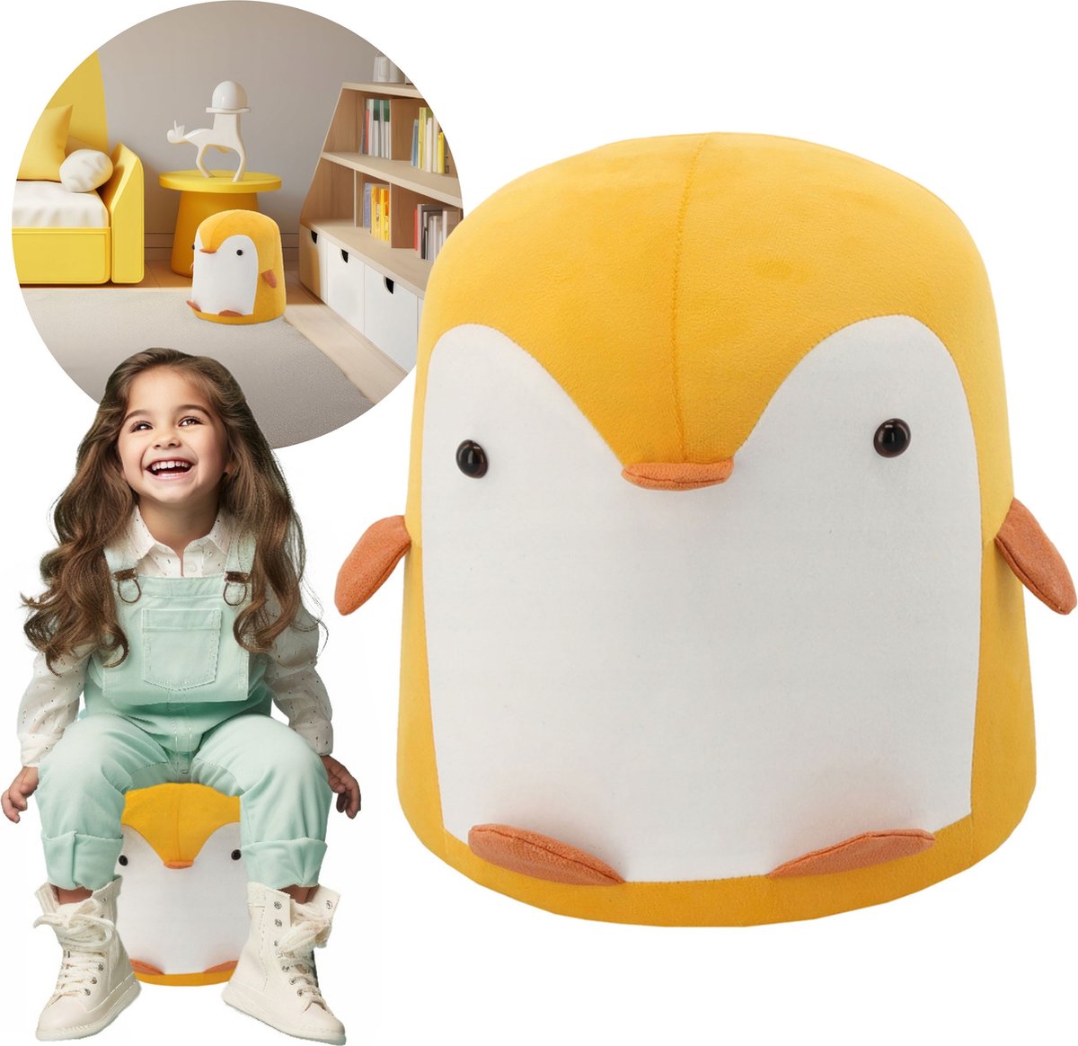 Pluche poef in de vorm van een pinguïn voor kinderen, geel, voor kinderkamer 28x34 cm