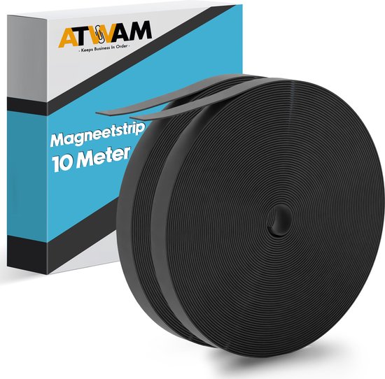 Twee rollen magnetische strip van 10 meter, zwart, op de doos staat "ATWAM - Keeps Business In Order - Magneetstrip 10 Meter".