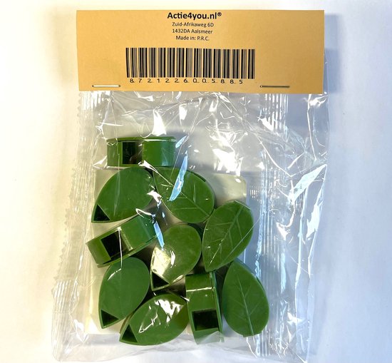 Een verpakking met tien groene bladvormige plantenclips en een bruine kaart met merk- en adresgegevens.