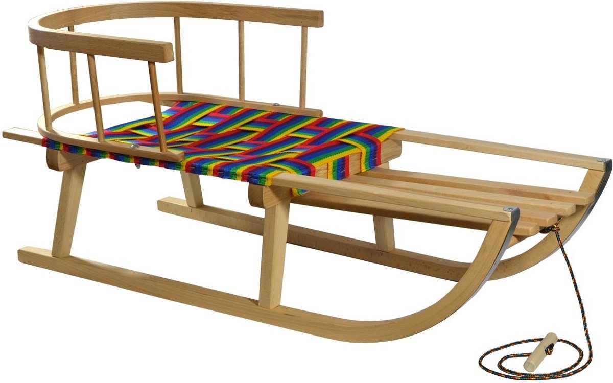 Slee met Rugleuning – 90x33x37 cm – Beukenhout & Regenboog Kleur – Inclusief Trekkoord Slee met Rugleuning – 90x33x37 cm – Beukenhout & Regenboog Kleur – Inclusief Trekkoord
