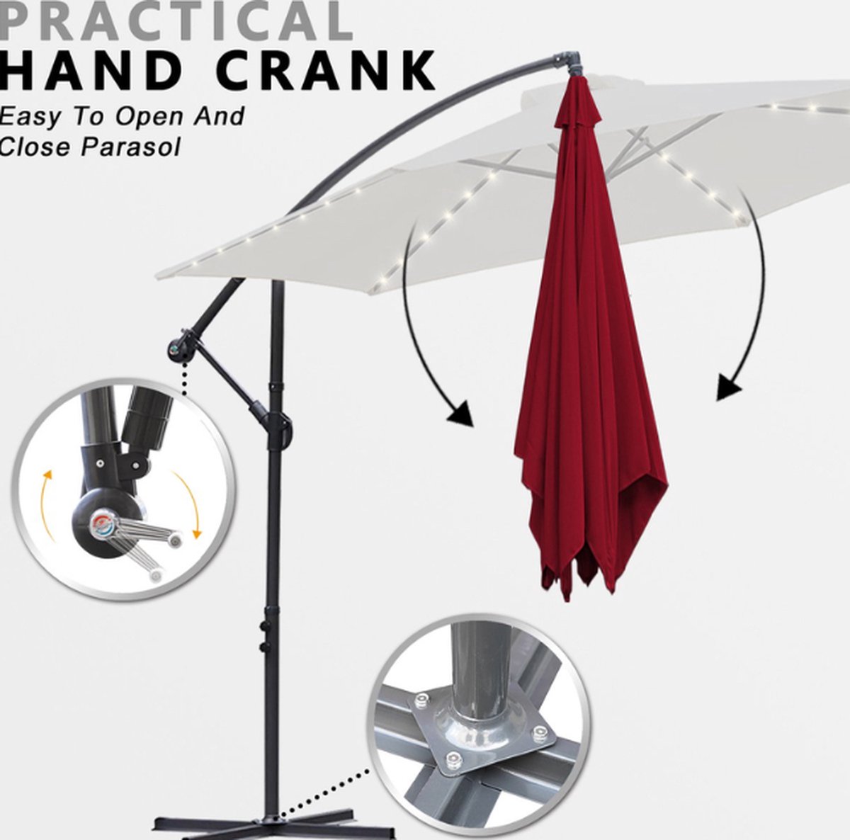 Zweefparasol - Strandparasols - Balkonparasols - Solar LED parasol Waterdicht - Parasol - Parasols - Ø 350cm - 3.5m - Tuinparasol - Zonne-energie - Rood- Draai- en Kantelbaar - 360° draaibaar - Duurzame Zweefparasol - Met voet – foto 8