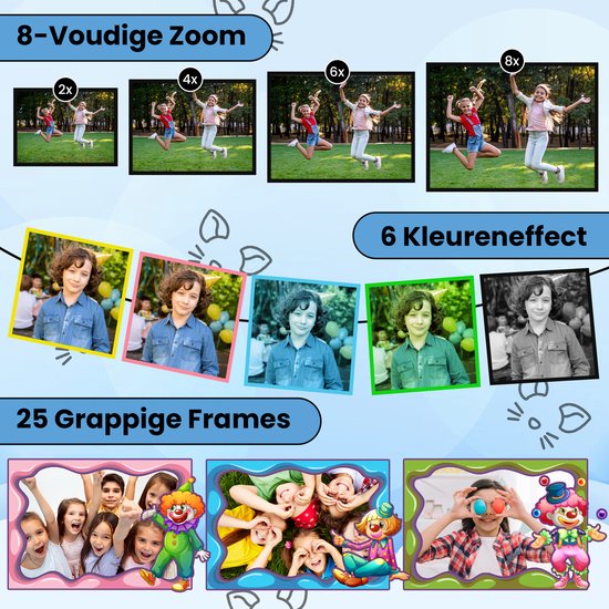 Lichtblauwe kindercamera. Toont zoomvoorbeelden, kleureffecten en grappige frames met kinderen en een clown.