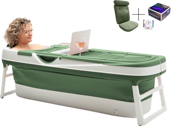HelloBath® Opvouwbaar bad - XXL Goliath (Comfort) - Sage Green - 157cm - Inklapbaar bad - Zitbad voor volwassenen - Bath Bucket - Extra: Luxe Badkussen, Deksels, Badlamp & Opbergtas