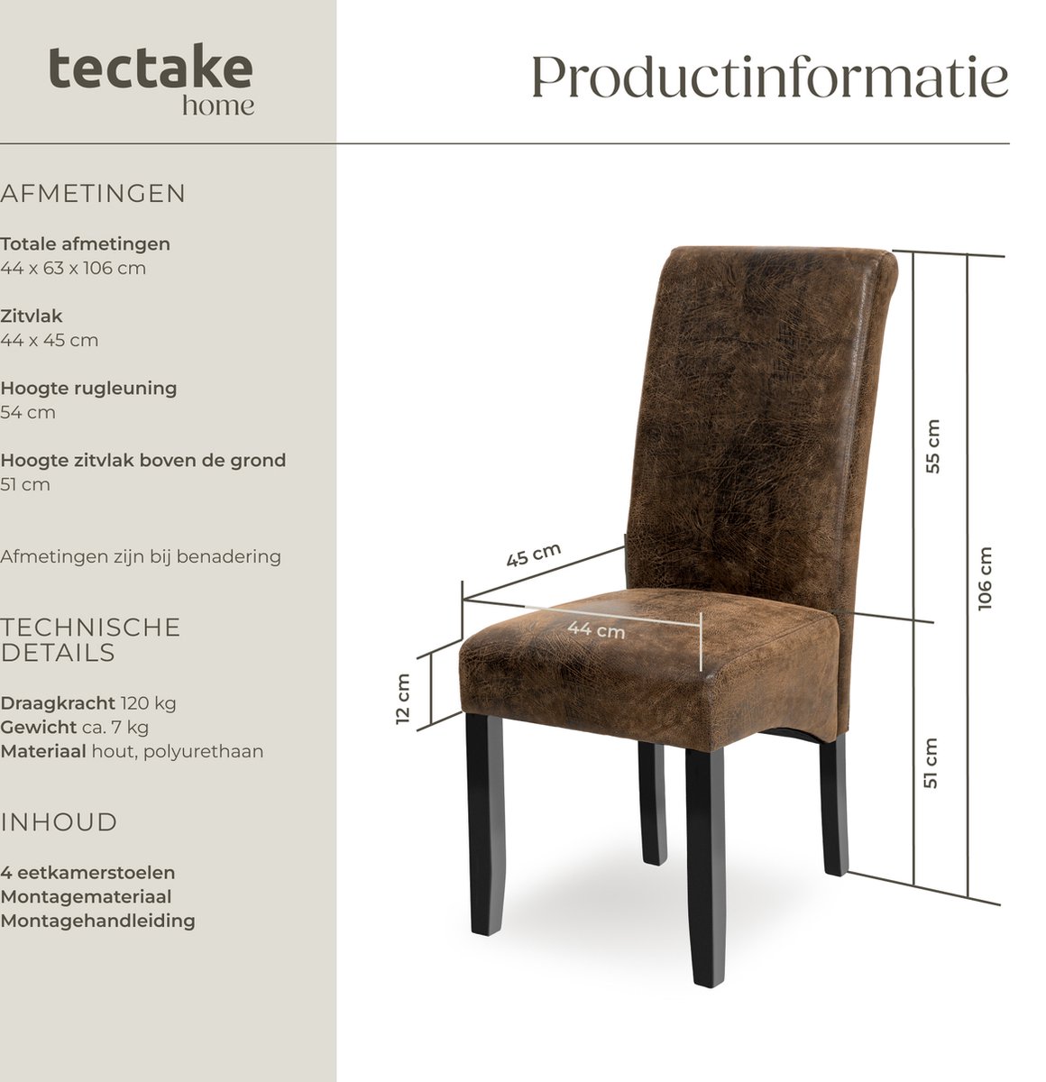 tectake® Eetkamerstoel - Comfortabele kunstleren stoel met hoge rugleuning - Keukenstoel voor keukentafel - Gestoffeerde keukenstoel - Diverse kleuren en sets - Maximale belasting 120 kg - Afmeting (LxBxH) 44 x 63 x 106 cm - Set van 4 - Antiek bruin – foto 5
