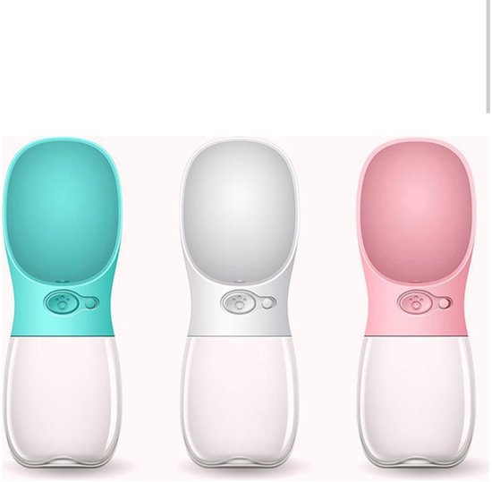 Drie honden drinkflessen in turquoise, wit en roze, met witte onderkant en pootafdruk knop.