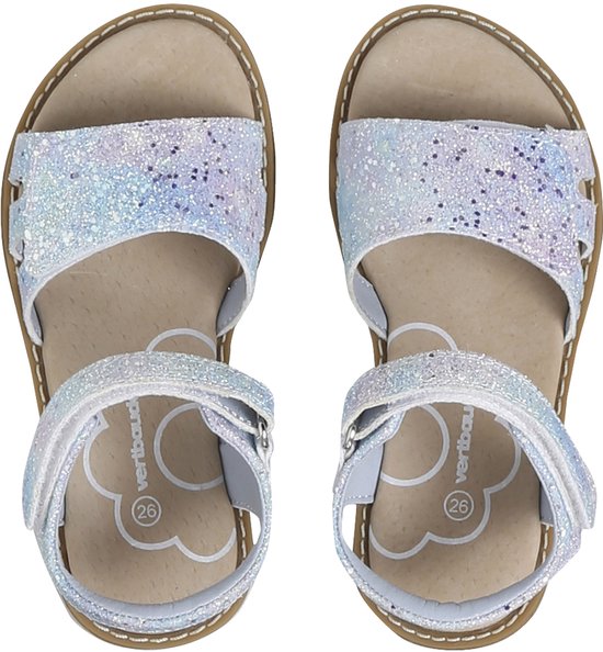 Witte sandalen met glitter, klittenbandsluiting en open teen. Merk: Vertbaudet.