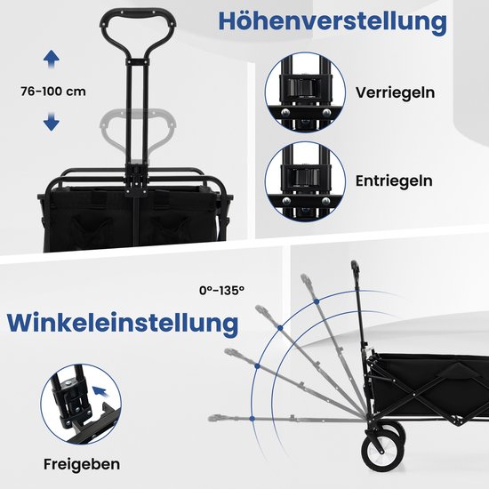 COSTWAY 2-in-1 Bolderkar – Opvouwbaar Met Zitbank – Strandwagen 96x59 Cm – Verstelbare Handgreep – 80 Kg Belastbaar – Voor Kamperen & Tuin