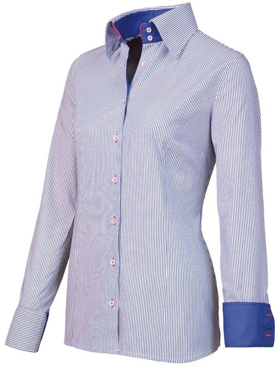 Giovanni Capraro 29308-85 Dames Blouse gestreept blauw/wit met rode accenten | maat 48
