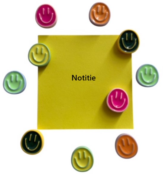 Acht smiley magneten in verschillende kleuren rondom een geel post-it briefje met 'Notitie'.
