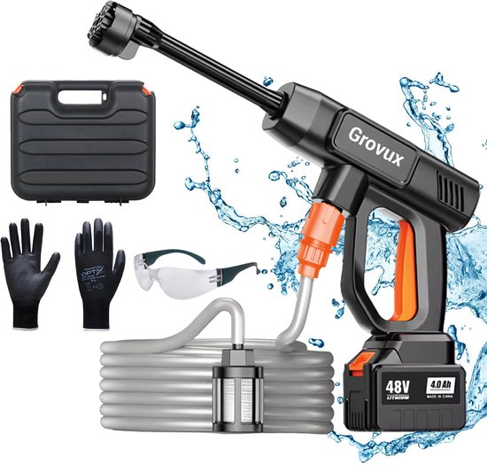 Grovux Draadloze Hogedrukreiniger - Incl. Veiligheidsbril + Handschoenen - Auto Was Set - Terrasreinigers Groenaanslag - Hogedrukspuit - Incl. 48V 15000 mAh Accu - Zwart