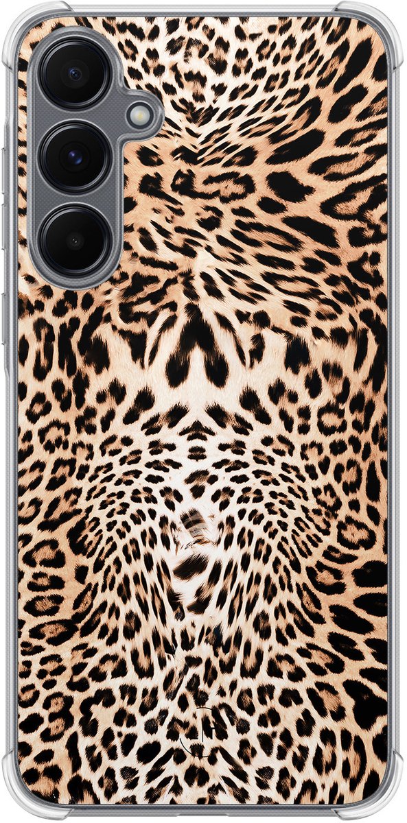 Shockproof hoesje - Geschikt voor Samsung Galaxy A15 - Luipaardprint - Extra sterke case - TPU/polycarbonaat - Print / Illustratie - Bruin, Transparant