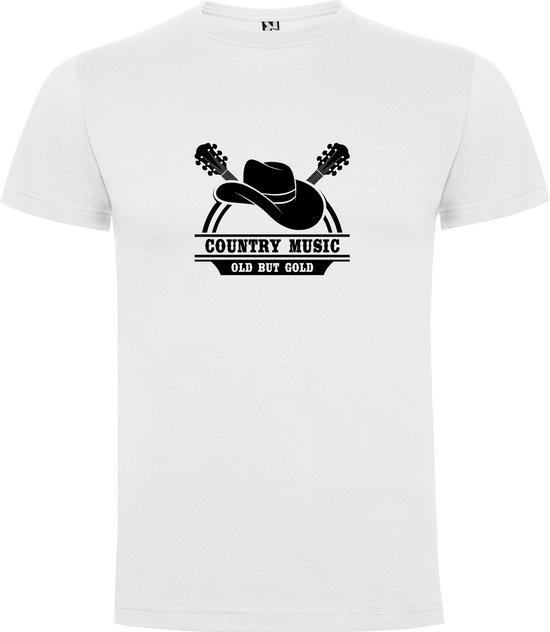 Wit T-Shirt met Kleurrijke print “ Country Music Old but Gold – Cowboy Hoed – Muziek – Good Vibes “ Print Full Color Maat L