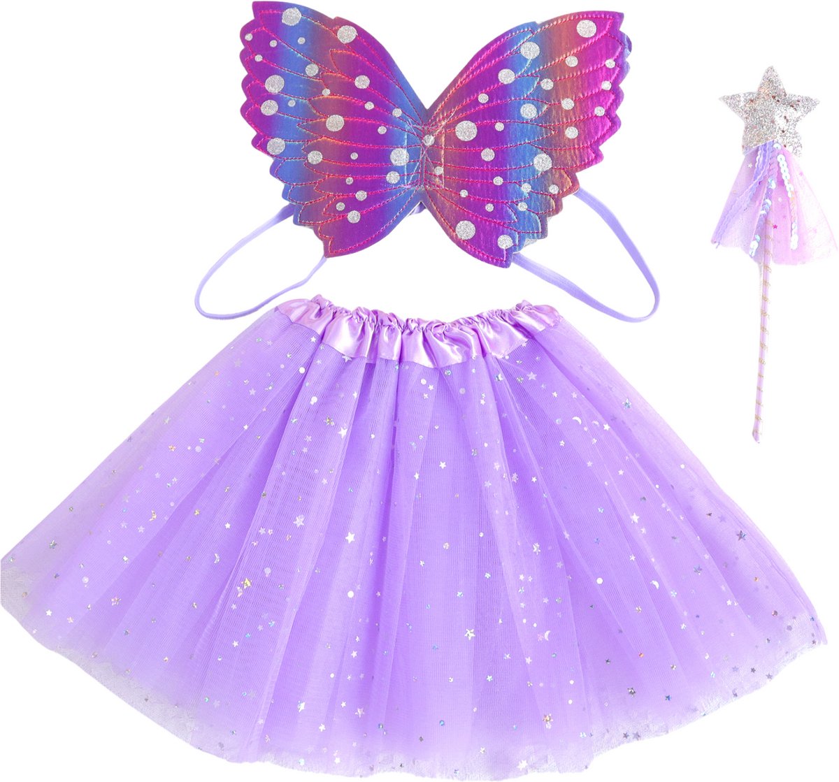 Joya Kids® Paarse tutu met Vleugels en Staf | Tover fee Verkleedset voor Meisjes | Tutu verkleedkleding | Prinsessencape | Cape Set | Unicorn | Meisje Verkleedset | Carnvalskleding Halloween Meisjes | Met Staf, Vleugels en Tutu | Metallic Paars — afbeelding 11