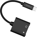 Zwarte Xtabarya USB-C adapter met dubbele poorten, platliggend.